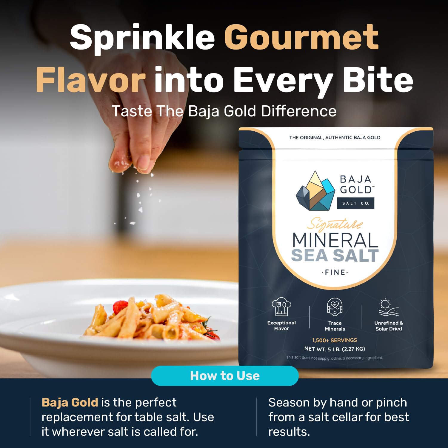 Baja Gold Mineral Sea Salt - Fine Grind Natural Seasoning for Cooking & Baking | 5 lb. Resealable Bag