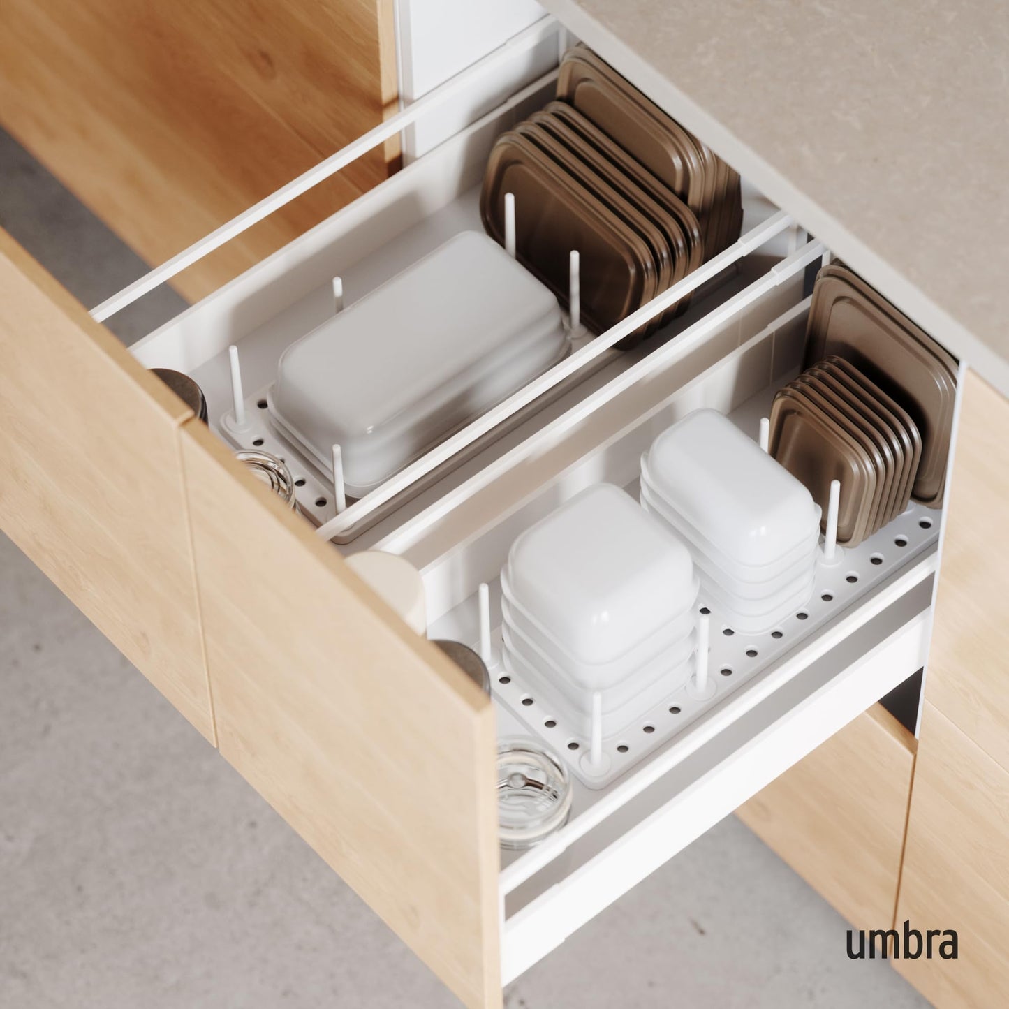 Umbra Peggy Kitchen Drawer Cupboard Organizer Tray - Adjustable Storage System For Food Containers, Cookware, Serveware, Utensils and More, White Umbra