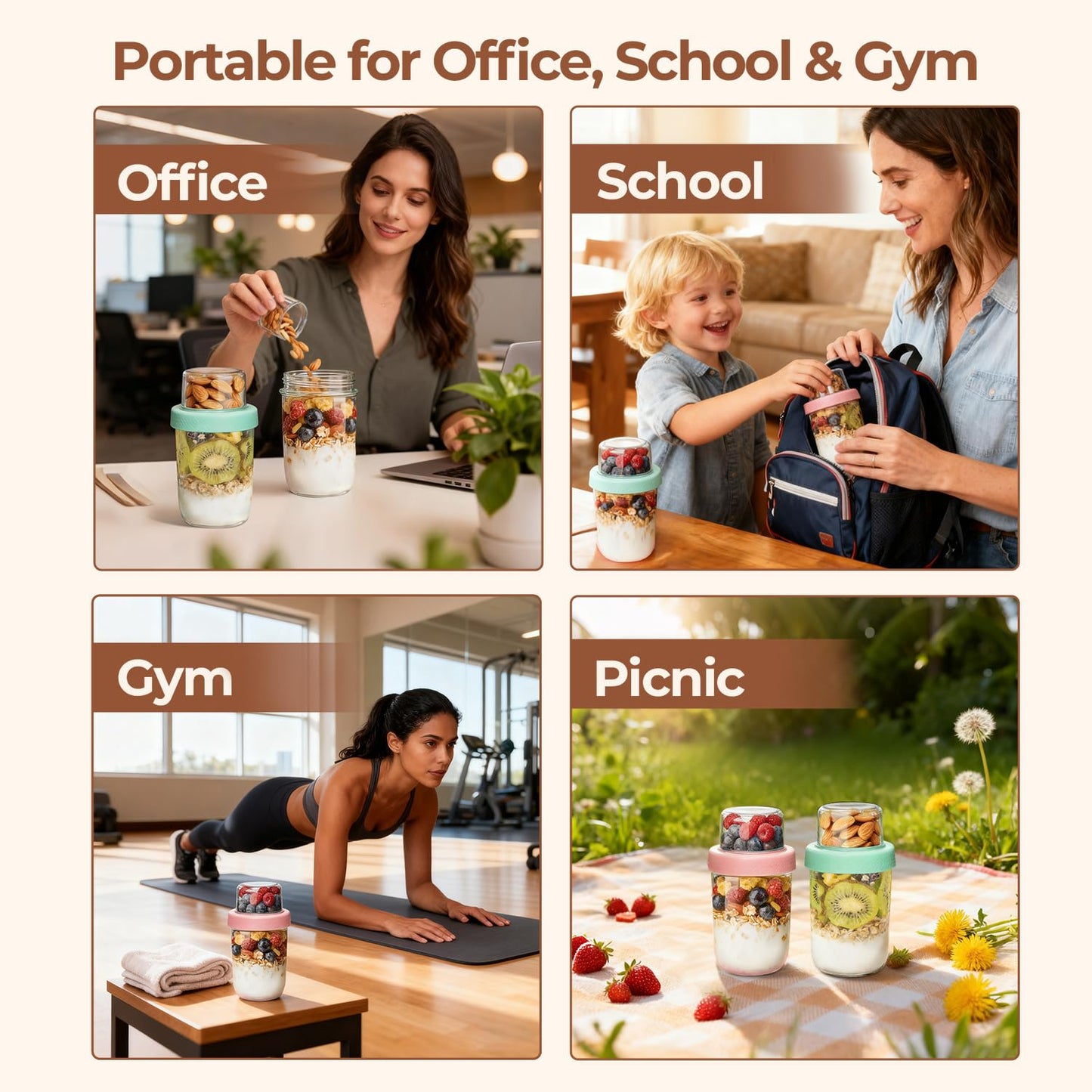 ComSaf Overnight Oats jars with Lids （16oz+4oz 4Pcs）, Dual-Laryer Chia Pudding Jars with Dry and Wet Separation, Yogurt Parfait Contianer for Oatmeal Cereal Nut Fruit, Meal Prep Glass Jars for Salad - Available at All In One Marketplace Canada