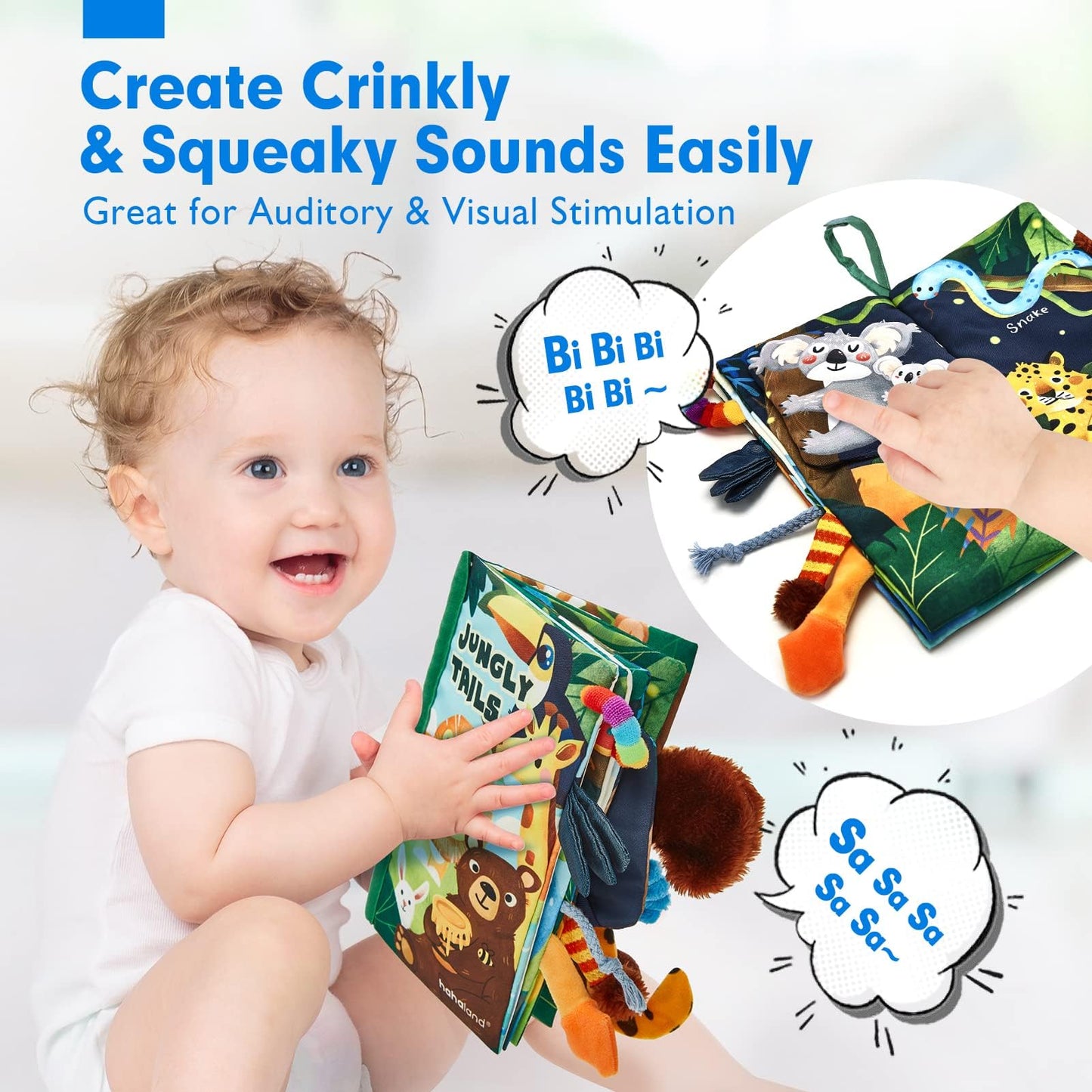 hahaland Baby Book Toy 0 3 6 12 Months - Touch and Feel First Crinkle Cloth Soft Book for Babies 0 Months, Baby Boy Girl Gifts for Newborn Infant - Jungly Tails Theme