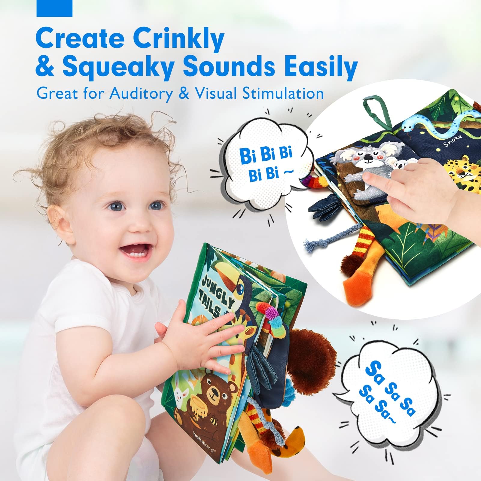 hahaland Baby Book Toy 0 3 6 12 Months - Touch and Feel First Crinkle Cloth Soft Book for Babies 0 Months, Baby Boy Girl Gifts for Newborn Infant - Jungly Tails Theme