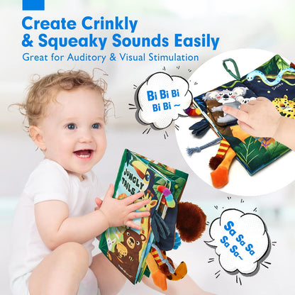 hahaland Baby Book Toy 0 3 6 12 Months - Touch and Feel First Crinkle Cloth Soft Book for Babies 0 Months, Baby Boy Girl Gifts for Newborn Infant - Jungly Tails Theme
