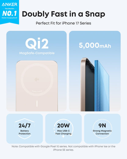 Anker Nano Power Bank, Ultra-Slim 5,000mAh Magnetic Battery Pack, Qi2 Certified 15W Max Ultra-Fast MagSafe-Compatible Portable Charger, Ergonomic Design, for iPhone Air/17/16/15 Series (Not for Pixel)