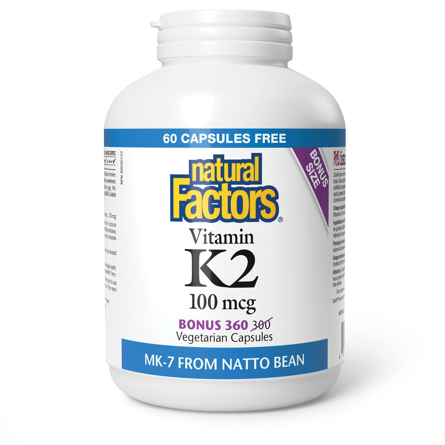 Natural Factors K2 Vitamin Supplement 100 mcg, VALUE SIZE, 360 Vegetarian Capsules, MK-7 from Natto Bean, Helps Support Bones, Vegan, Non-GMO, Proudly Canadian - Available at All In One Marketplace Canada