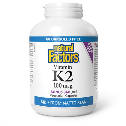 Natural Factors K2 Vitamin Supplement 100 mcg, VALUE SIZE, 360 Vegetarian Capsules, MK-7 from Natto Bean, Helps Support Bones, Vegan, Non-GMO, Proudly Canadian - Available at All In One Marketplace Canada