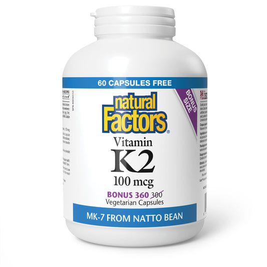 Natural Factors K2 Vitamin Supplement 100 mcg, VALUE SIZE, 360 Vegetarian Capsules, MK-7 from Natto Bean, Helps Support Bones, Vegan, Non-GMO, Proudly Canadian - Available at All In One Marketplace Canada