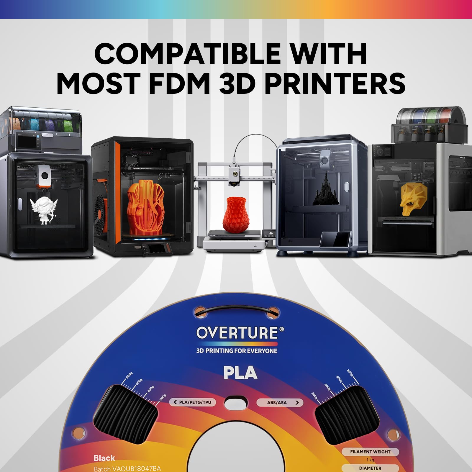 OVERTURE PLA Filament 1.75mm PLA 3D Printer Filament, 1kg Cardboard Spool (2.2lbs), Dimensional Accuracy +/- 0.02mm, Fit Most FDM Printer (Black 1-Pack)