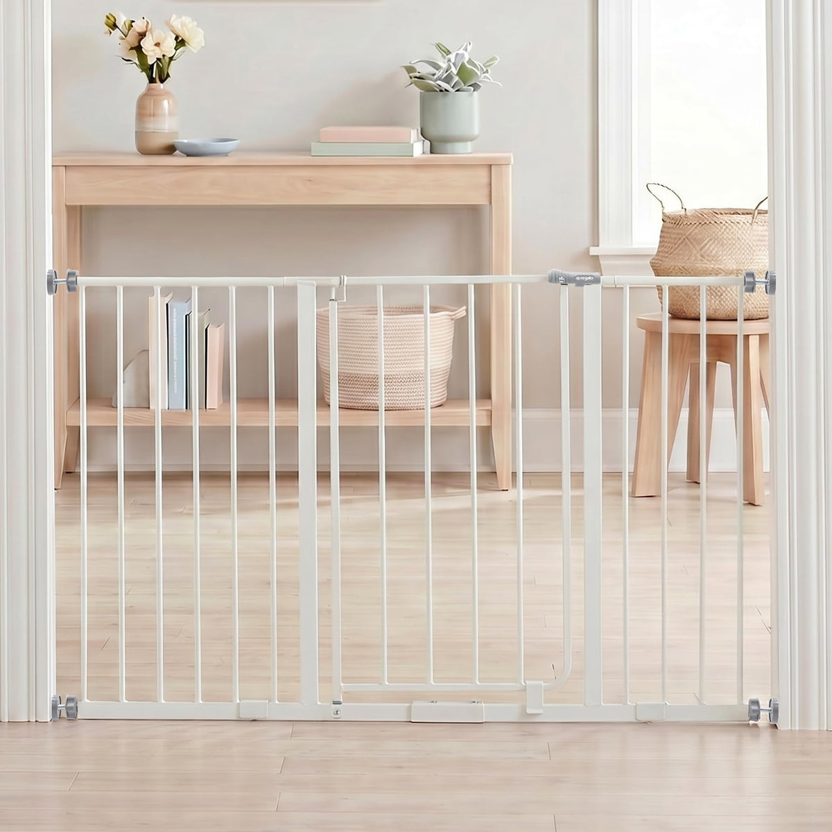 Regalo Easy Open 47-Inch Super Wide Walk Thru Baby Gate, Bonus Kit, Includes 4-Inch and 12-Inch Extension Kit, 4 Pack Pressure Mount Kit and 4 Wall Cups and Mounting Kit, White, 11 Count (Pack of 1)