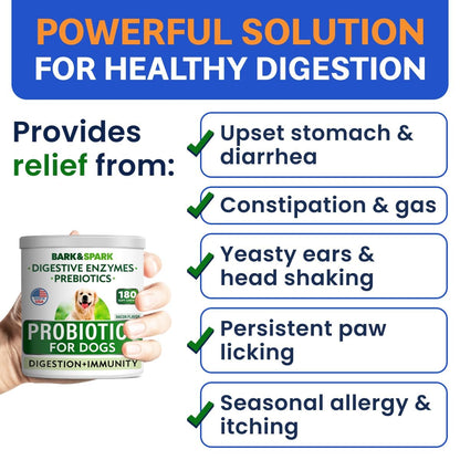 Probiotics for Dogs - Gas, Diarrhea, Allergy, Constipation, Upset Stomach Relief, w/Digestive Enzymes + Prebiotics - Chewable Supplement - Improve Digestion, Immunity - Dog Probiotics Chews - 180Ct