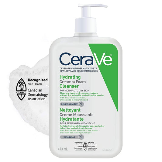 CeraVe Hydrating Cream-to-Foam Face Wash for Normal to Dry Skin, Face Cleanser with Hyaluronic Acid, Amino Acids & Ceramides, Gently Cleanses Skin, Fragrance-Free, Recommended by Dermatologists, 473mL