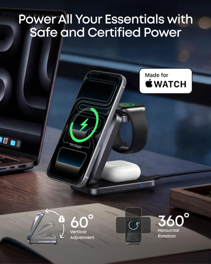 Anker Prime 3-in-1 Charging Station, AirCool Wireless Charger, 25W Qi2.2-Certified Palm-Sized Foldable MagSafe Charger Compatible with iPhone 17, Apple Watch, AirPods (Non-Battery, with Adapter)