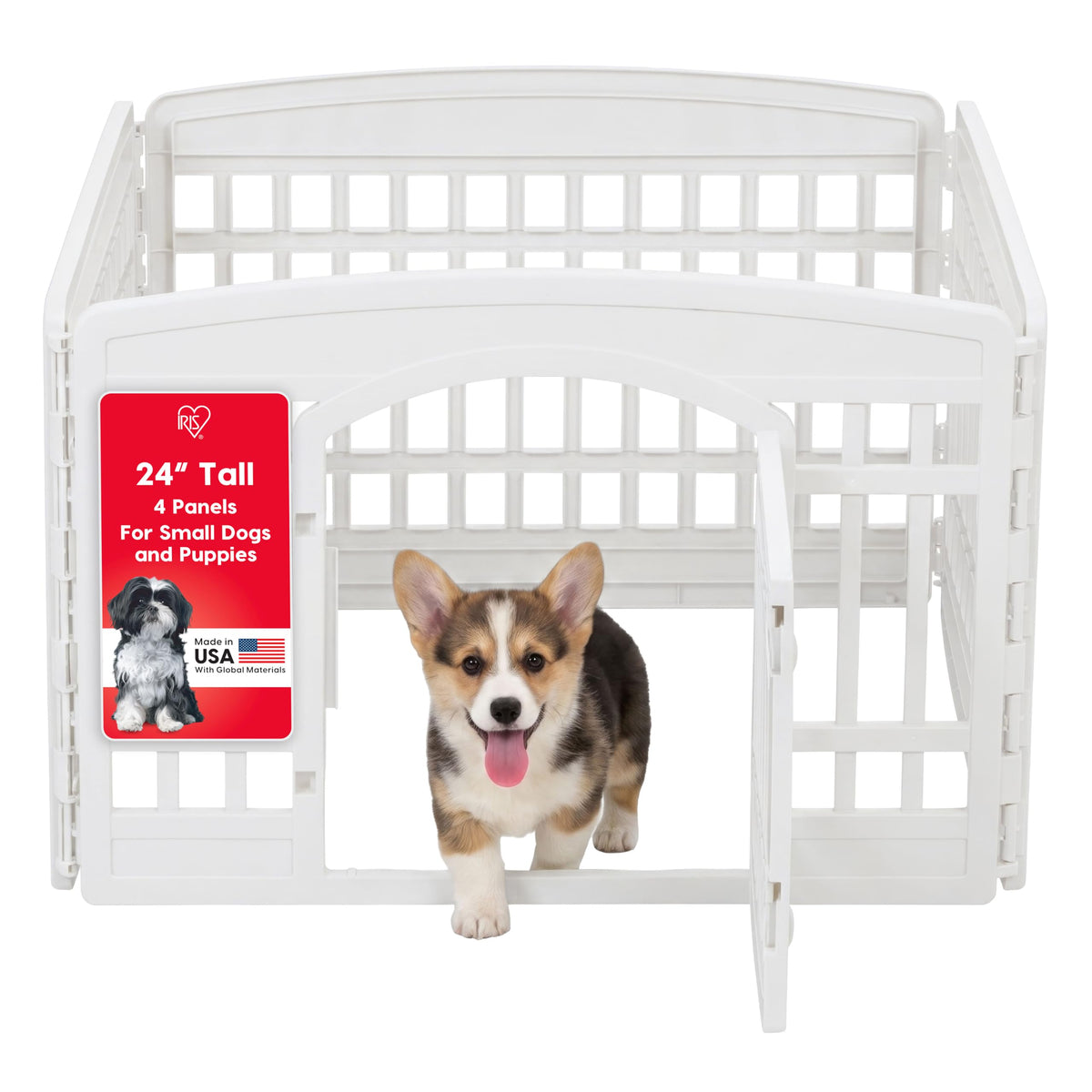 IRIS USA 24" Dog Playpen 4 Panel with Door, Indoor Outdoor Puppy Pen, White