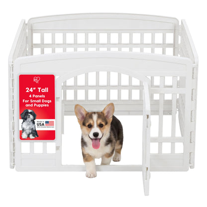 IRIS USA 24" Dog Playpen 4 Panel with Door, Indoor Outdoor Puppy Pen, White