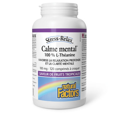 Natural Factors Stress Relax Mental Calmness, 120 Chewable Tablets, Tropical Fruit Flavour, Suntheanine L Theanine 100 mg, Promotes Deep Relaxation, Stress Relief, Proudly Canadian - Available at All In One Marketplace Canada