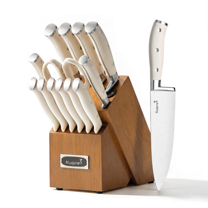 Kuisine Chef Knife Set,High Carbon Stainless Steel Ultra Sharp Blade Ergonomic Handle,Kitchen Knife Block Set with Built-in Sharpener, Elegant Gift for Holiday(Acacia A49, 15PCS) 🍁 All In One Marketplace Canada