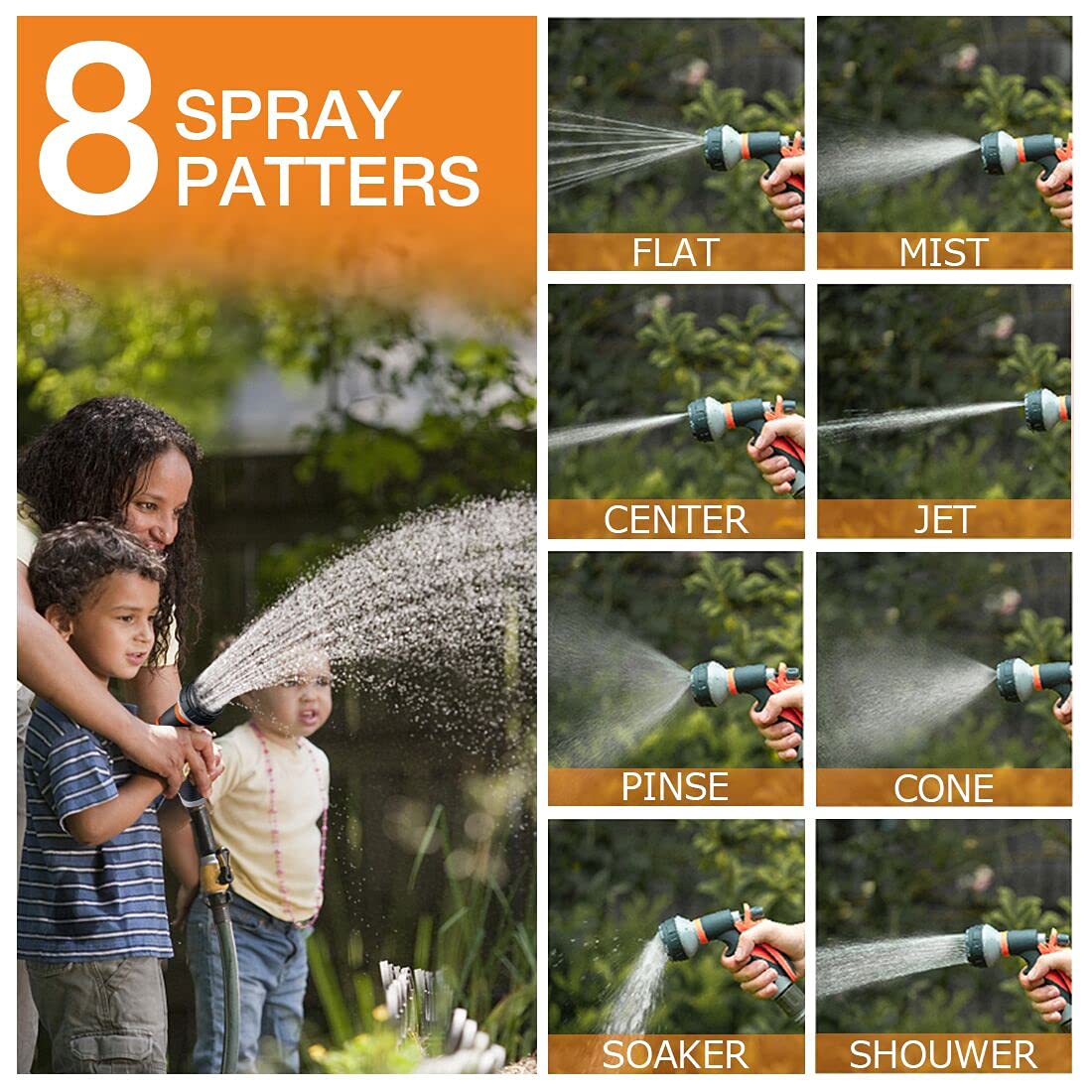Forthcan Garden Hose Nozzle - 2 Pack Hand Sprayer With 8 Patterns for Watering, Car Wash, Cleaning and Showering Dogs & Pets (Orange)