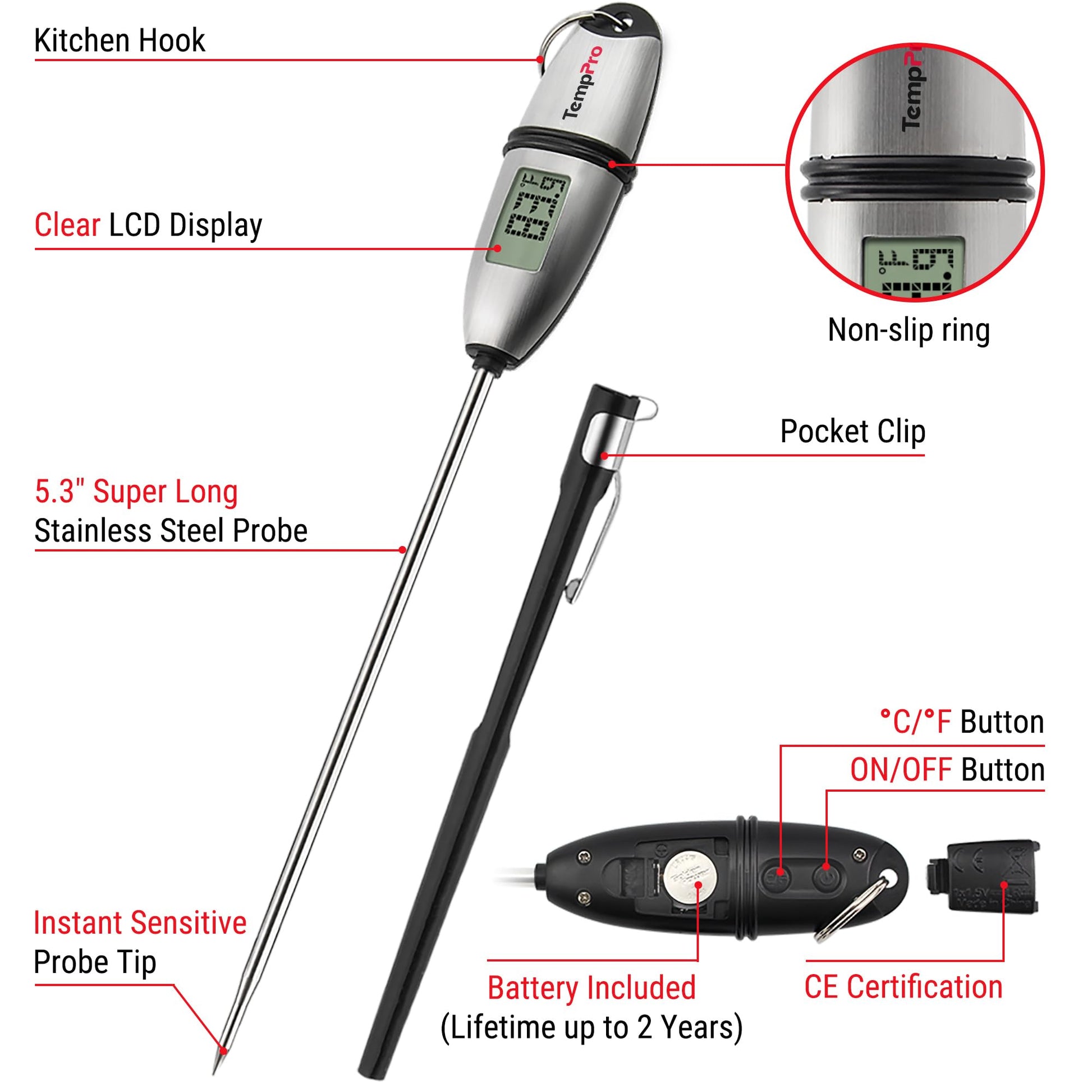TempPro TP02S Digital Food Thermometer for Cooking Bread Baking Sourdough Liquids, Meat Thermometer Digital with Super Long Probe for Kitchen BBQ Yogurt Candy Making Accessory (Previously ThermoPro)