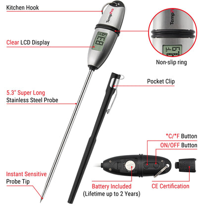 TempPro TP02S Digital Food Thermometer for Cooking Bread Baking Sourdough Liquids, Meat Thermometer Digital with Super Long Probe for Kitchen BBQ Yogurt Candy Making Accessory (Previously ThermoPro)