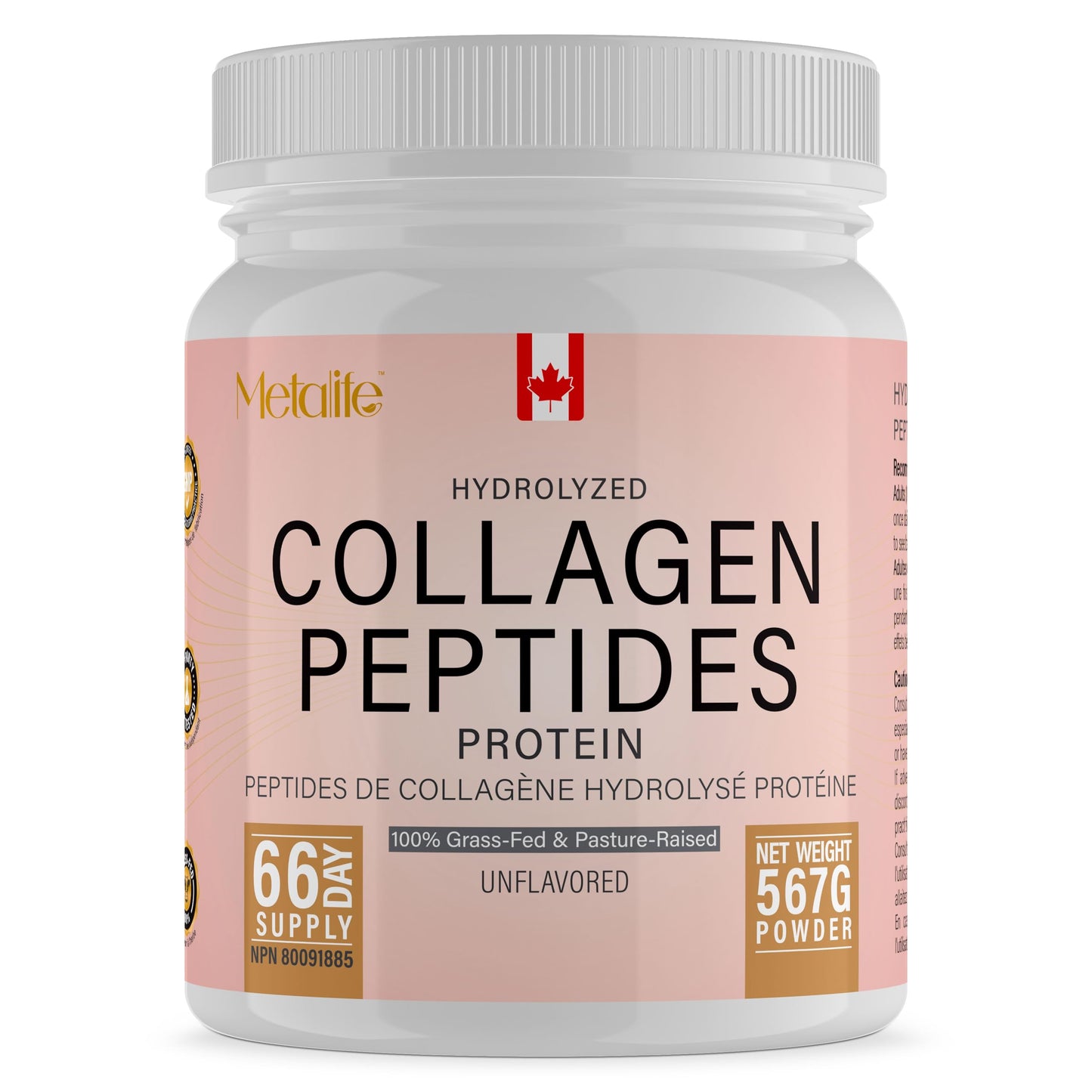 Hydrolyzed Collagen Peptides Powder (Type 1 & 3) 567g (66 Servings) – Grass-Fed Bovine, Unflavored, Made in Canada, Supports Skin, Joints, Hair & Nails - Available at All In One Marketplace Canada