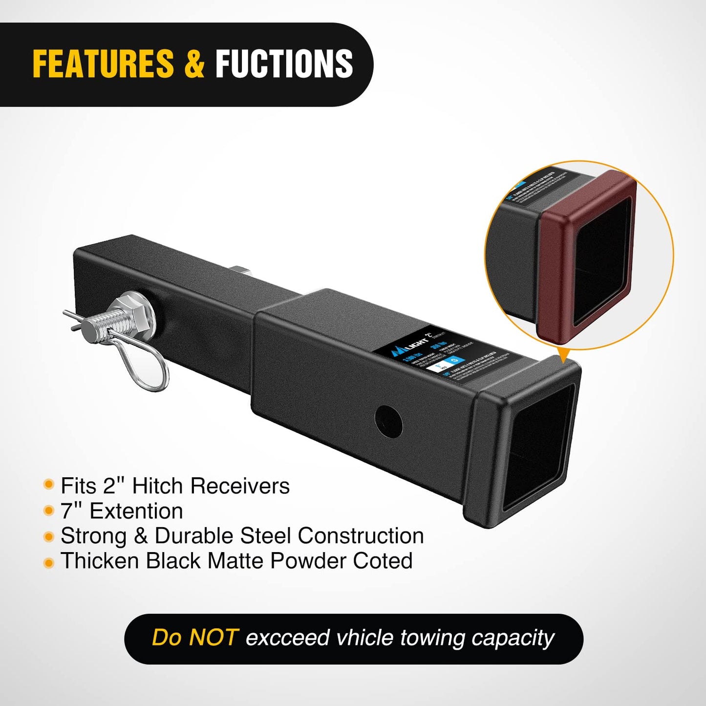 Nilight Trailer Hitch Extender 7 inch Extension Length Fits for 2" Receiver Tube with 5/8 inch Stainless Steel Bolt Flange Nut and Clip 3,500 lbs GTW Matte Black 🍁 All In One Marketplace Canada