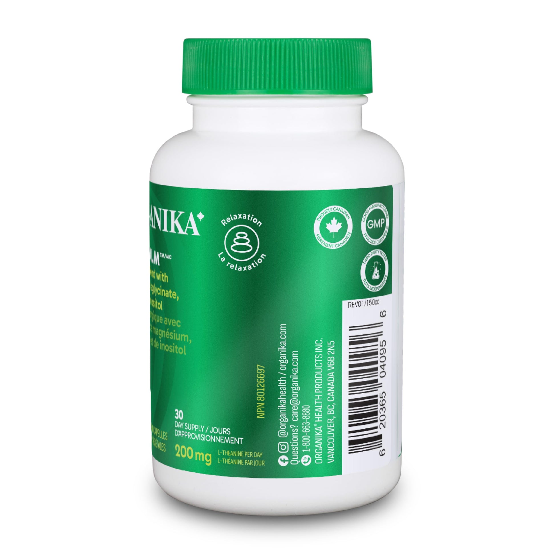 Organika Canadian-Made Mind Calm- with Magnesium Bisglycinate, L-Theanine, GABA, Inositol- Promotes Relaxation and Calm without Drowsiness- 120vcaps - Available at All In One Marketplace Canada