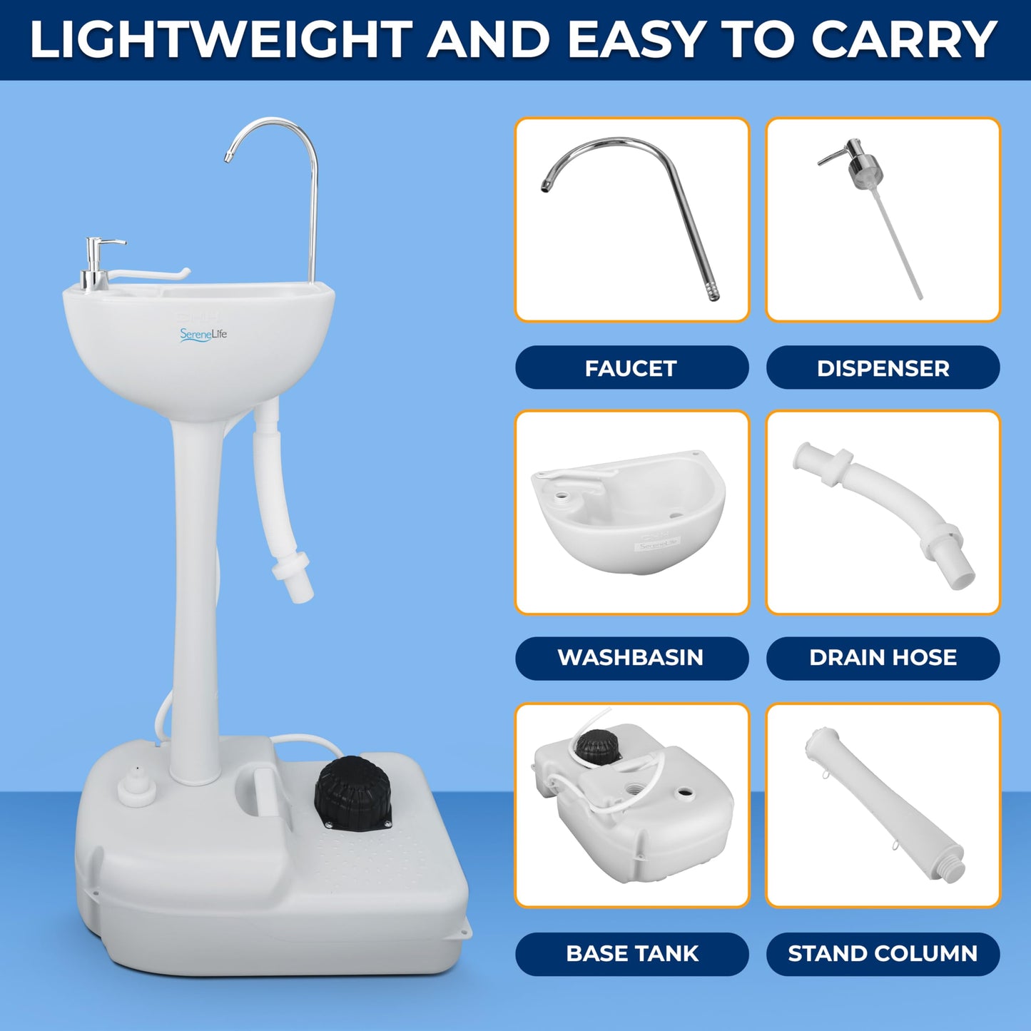 SereneLife, Portable Sink, Camping Hand Wash Basin with Water Tank and Rolling Wheels, Perfect for Indoor and Outdoor Use, Events, Worksites and More SereneLife