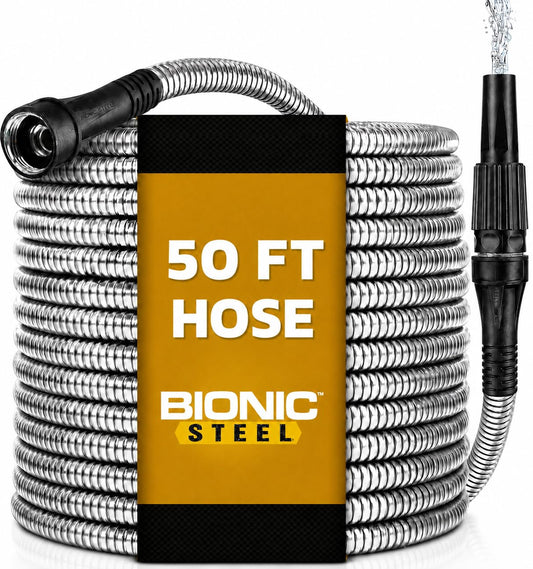 Bionic Steel Metal Garden Hose 50ft, Rust Proof 304 Stainless Steel Water Hose with Aluminum Fittings, Flexible & Heavy Duty Hose, Lightweight, Kink Free & Easy Coil Outdoor Hose - 2026 Model