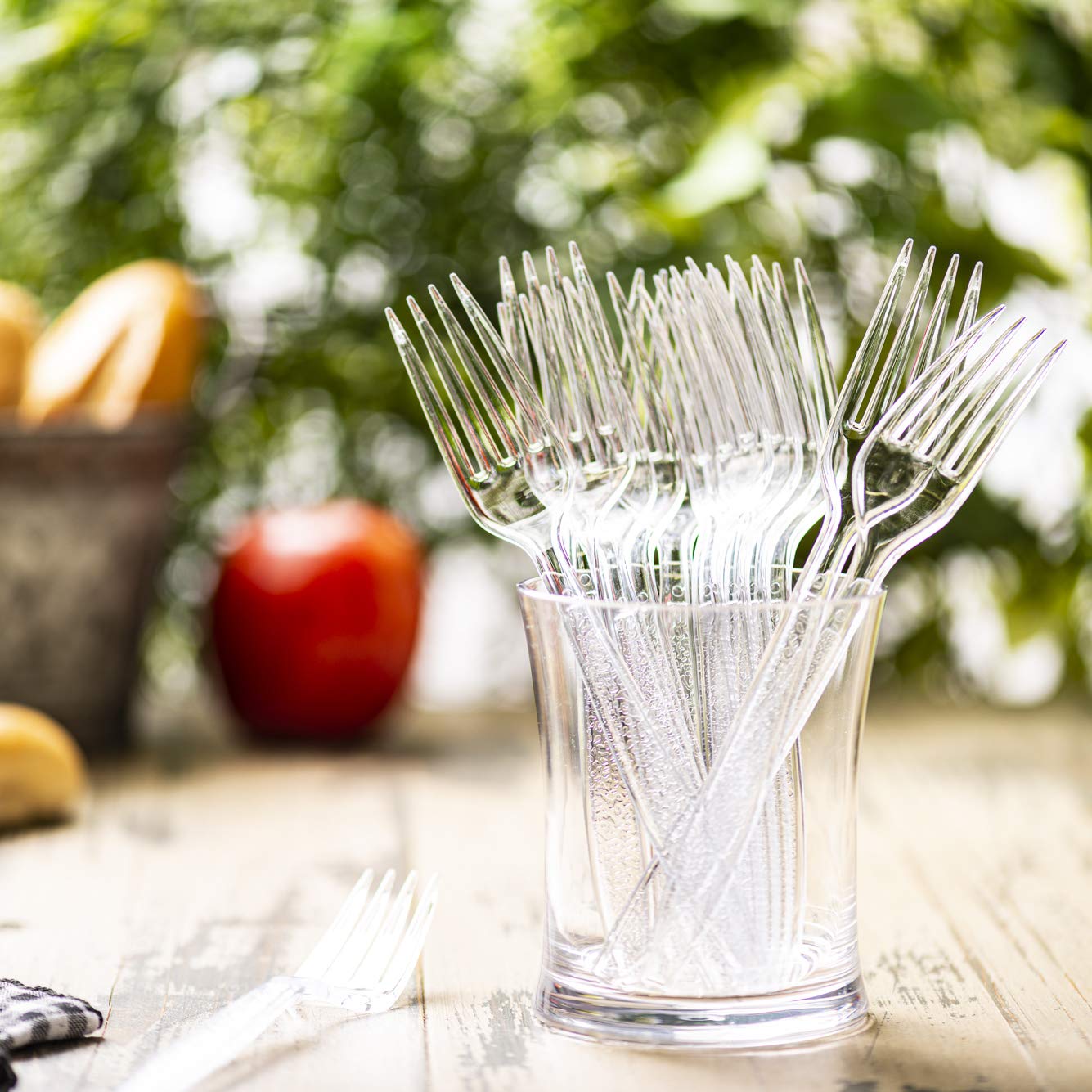 GUSTO [300 Pack] Heavyweight Clear Forks with Engraved Design - Reusable, Sturdy Cutlery Set for Parties, Weddings, and Events - Formerly Comfy Package - Available at All In One Marketplace Canada