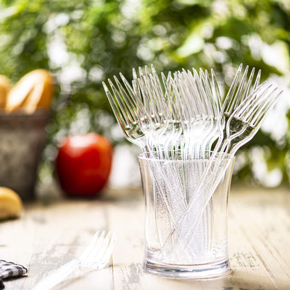 GUSTO [300 Pack] Heavyweight Clear Forks with Engraved Design - Reusable, Sturdy Cutlery Set for Parties, Weddings, and Events - Formerly Comfy Package - Available at All In One Marketplace Canada