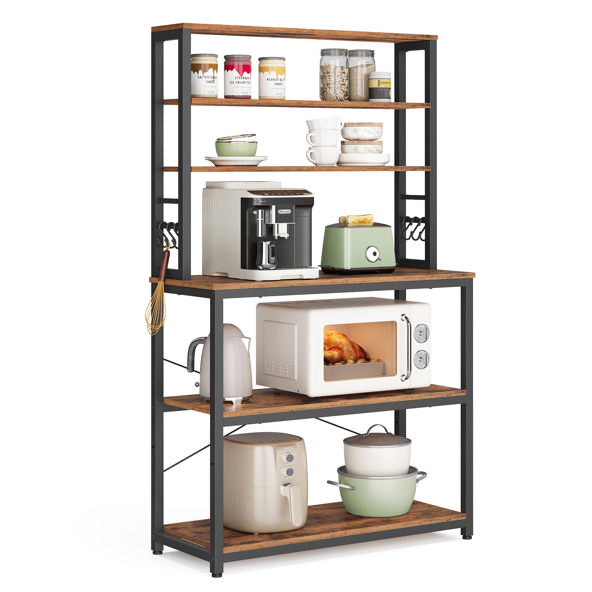 VASAGLE Coffee Bar, Baker’s Rack for Kitchen with Storage, 6-Tier Kitchen Shelves with 6 Hooks, Microwave Stand, Industrial, 15.7 x 31.5 x 65.7 Inches, Rustic Brown and Black UKKS019B01 VASAGLE