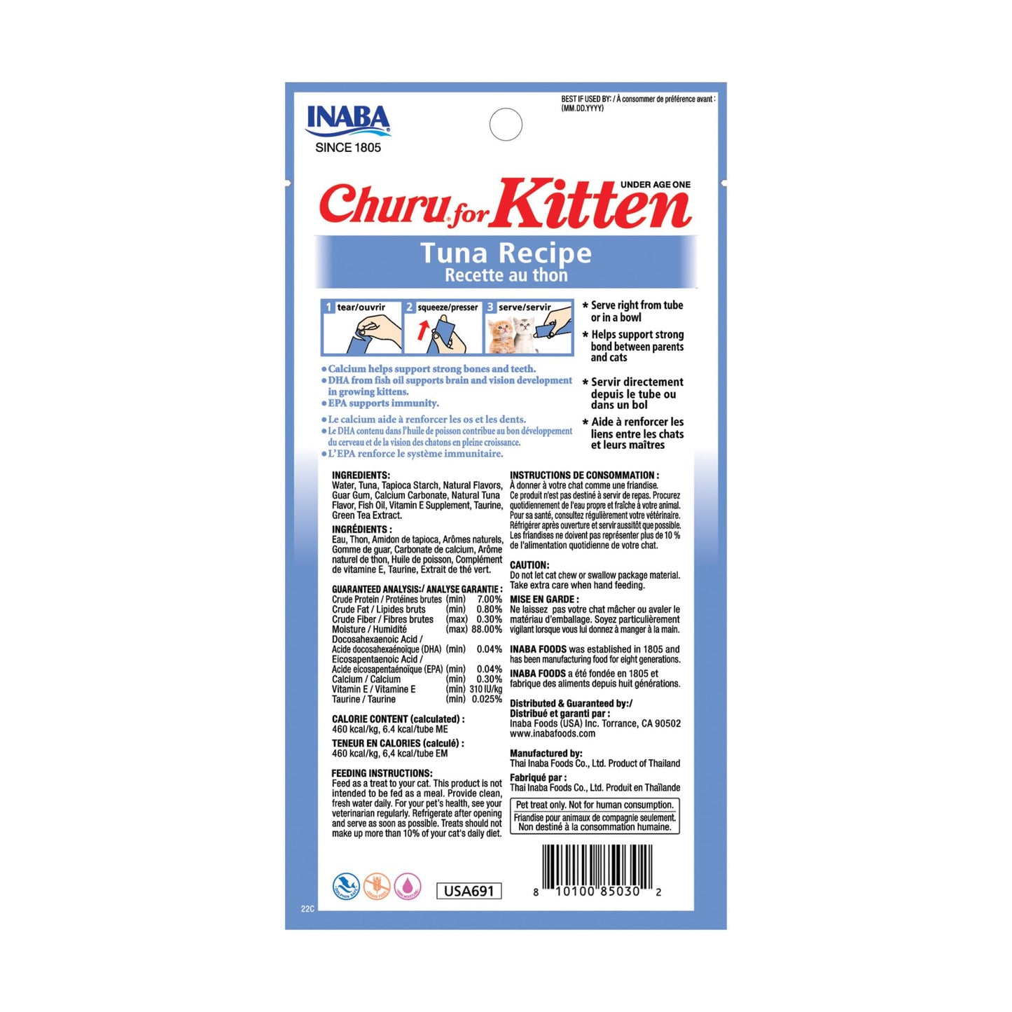 INABA Churu for Kittens, Creamy, Purée Lickable Cat Treats with DHA, EPA, Vitamin E & Taurine, 14 Grams Each, 24 Tubes (4 per Pack), Tuna Recipe 🍁 All In One Marketplace Canada