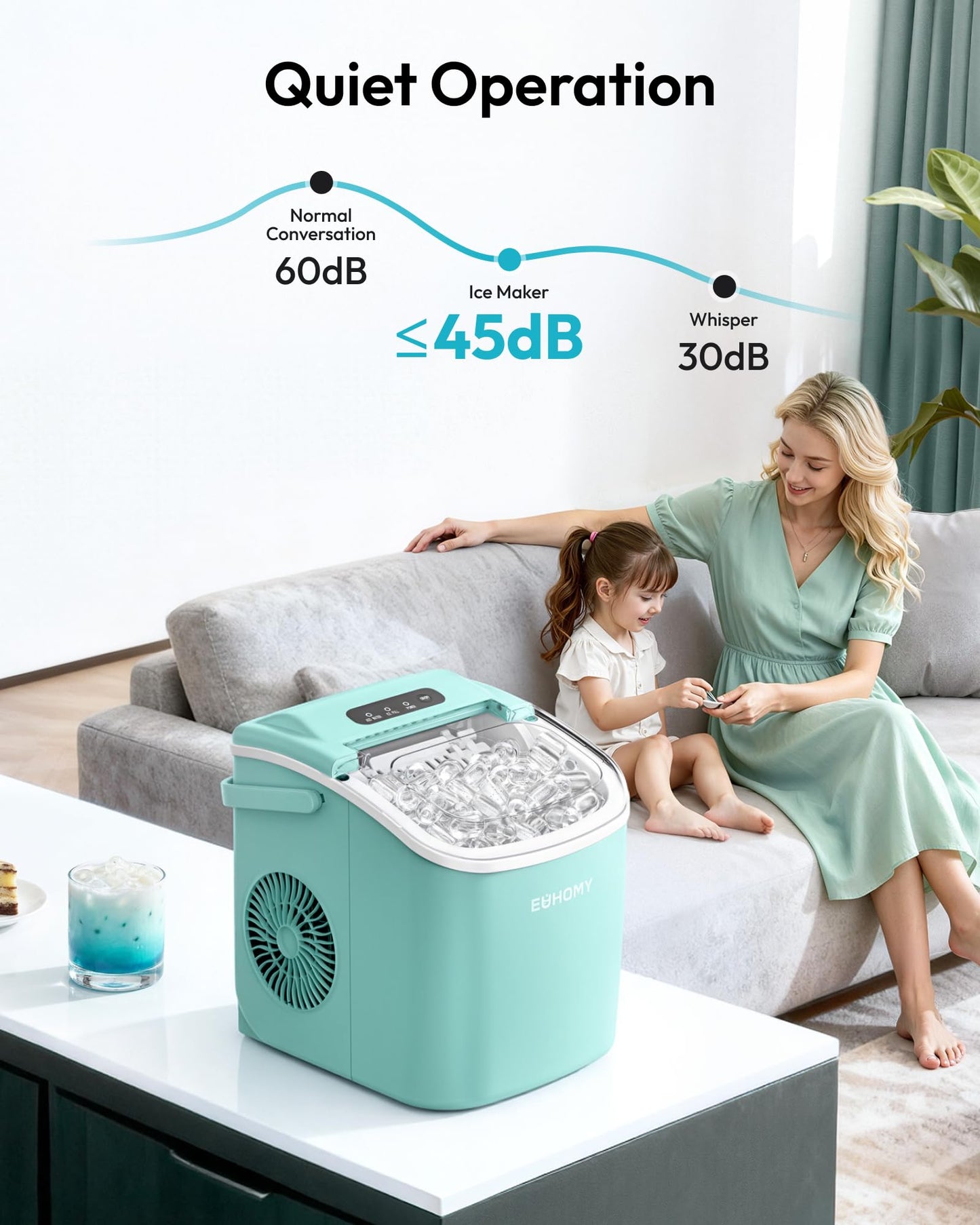 EUHOMY Countertop Ice Maker Machine with Handle, 26lbs Per Day, 9 Ice Cubes Ready in 6 Mins, Auto-Cleaning Portable Ice Maker with Basket and Scoop, for Home/Kitchen/Camping/RV (Green)