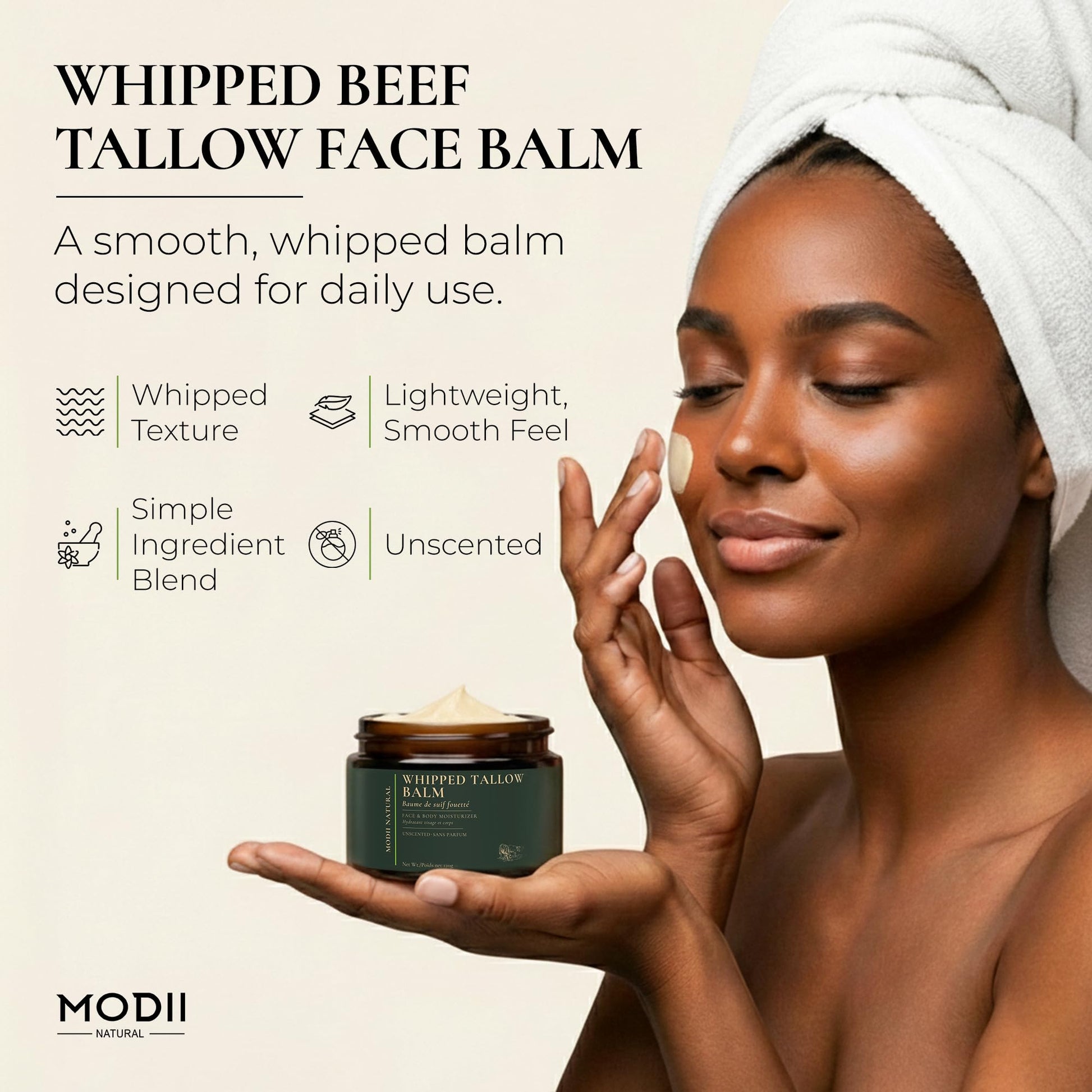 Whipped Beef Tallow Moisturizer - 100% Grass-Fed Tallow Face Balm with Honey, Jojoba Oil, Olive Oil & Sweet Almond Oil - Unscented - 120ml/4oz - Available at All In One Marketplace Canada