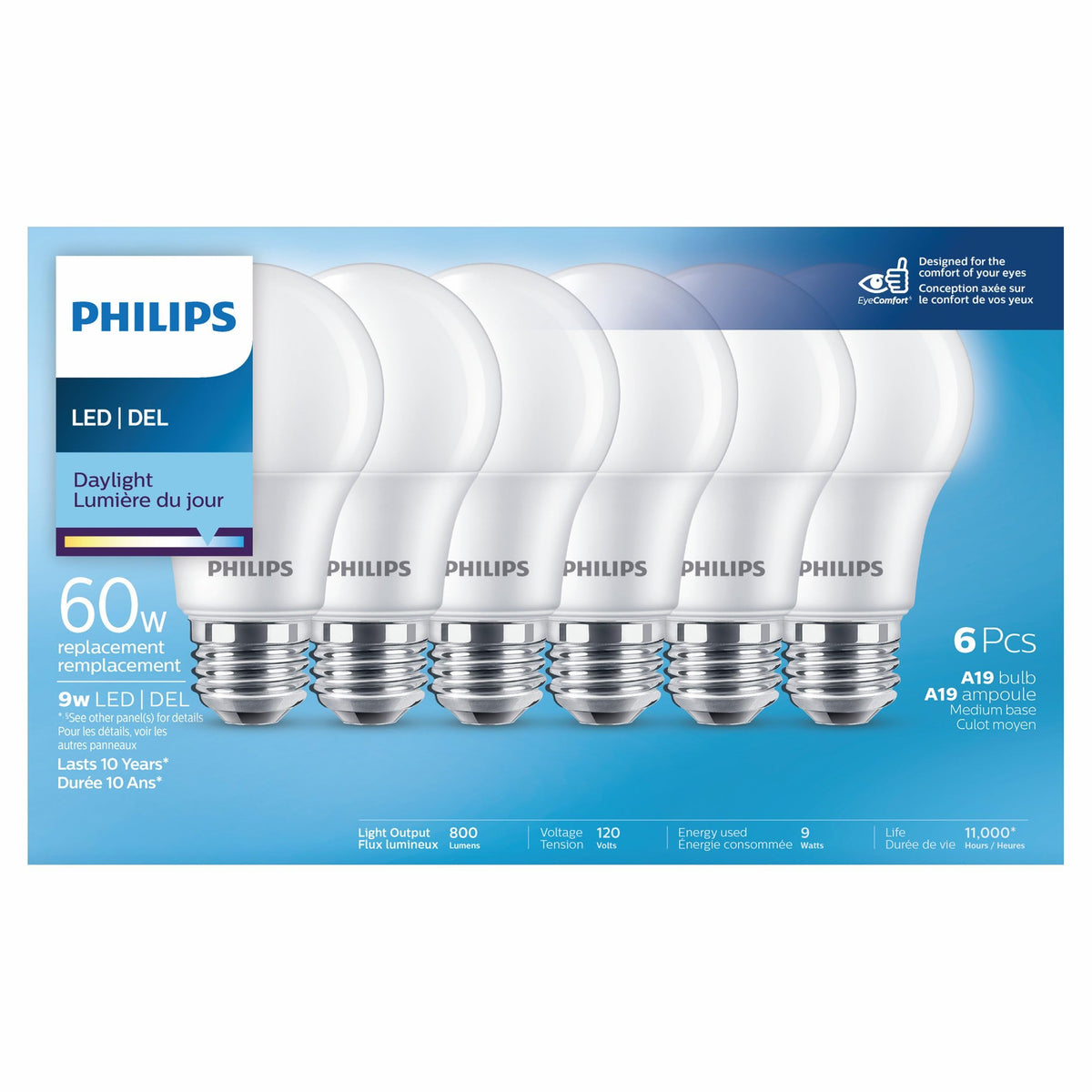 Philips Led 8W = 60W A-Line (A19) Daylight Non-Dimmable (5000K) 6 Pack