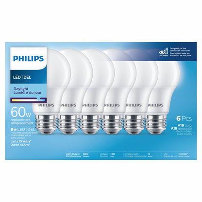 Philips Led 8W = 60W A-Line (A19) Daylight Non-Dimmable (5000K) 6 Pack
