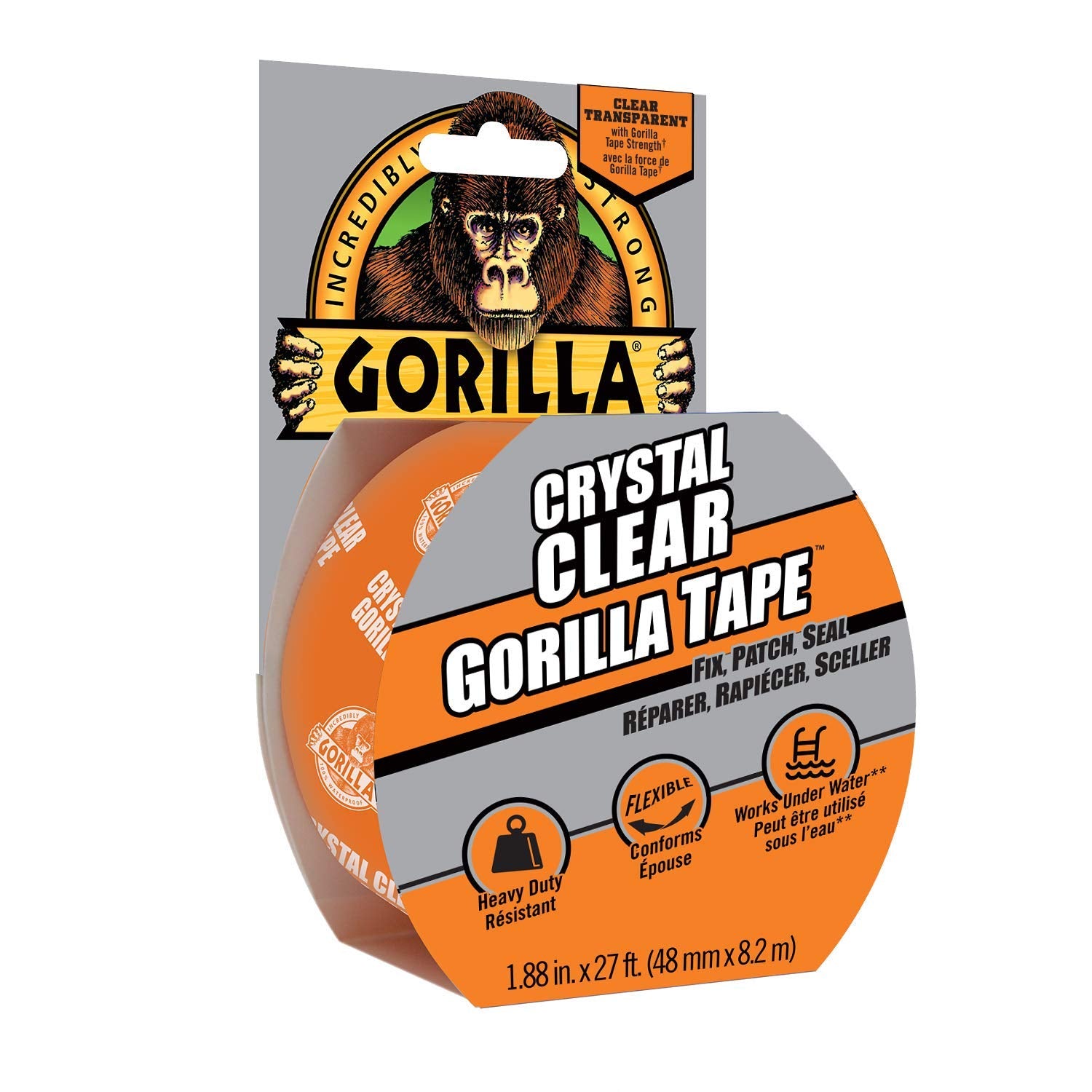 Gorilla Crystal Clear Tape, Duct, Utility, Non-Yellowing, Heavy Duty, Extra Thick Adhesive, Flexible, UV Temperature Resistant, 1.88 in x 27 ft, (Pack of 1), 6127002