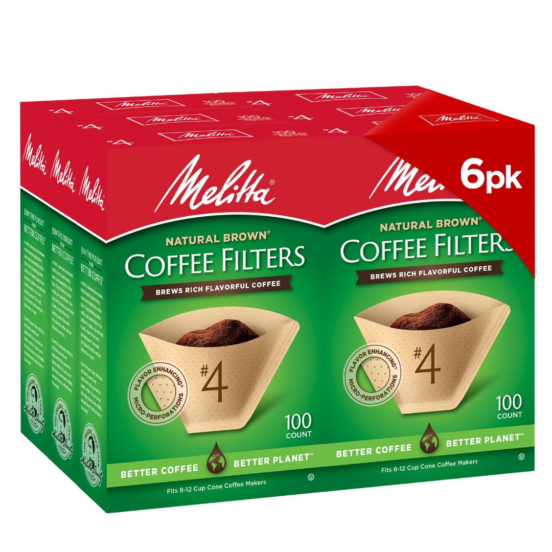MELITTA Natural Brown #4 Cone Filters, Cone Coffee Filters, Replacement Filters, Coffee Maker Filters, Natural Brown, 6 Package of 100 Count filter