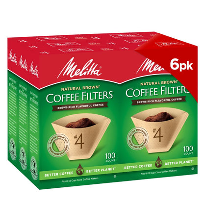 MELITTA Natural Brown #4 Cone Filters, Cone Coffee Filters, Replacement Filters, Coffee Maker Filters, Natural Brown, 6 Package of 100 Count filter