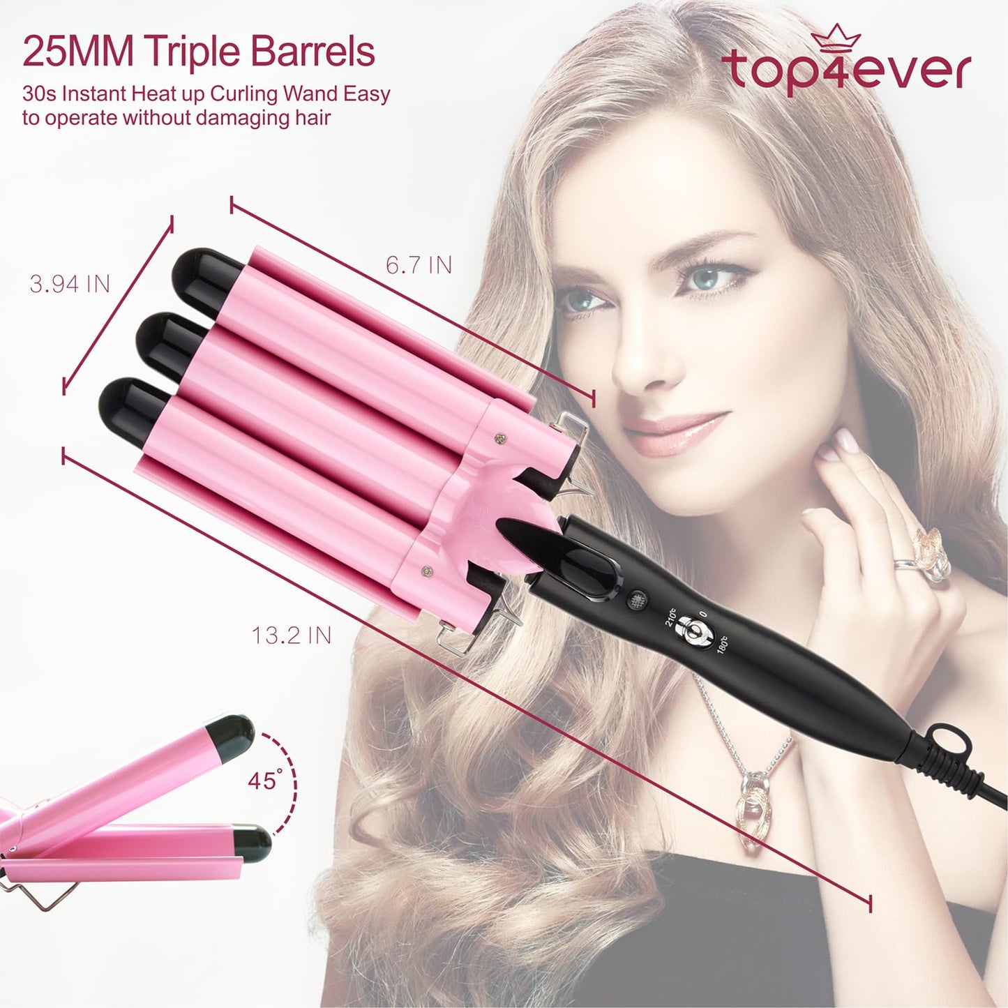3 Barrel Curling iron Hair Waver, TOP4EVER 25mm Professional Ceramic Hair Curler with Two Temperature Control, Fast Heating 1inch Triple Barrel Crimper Wand for Waving Hair