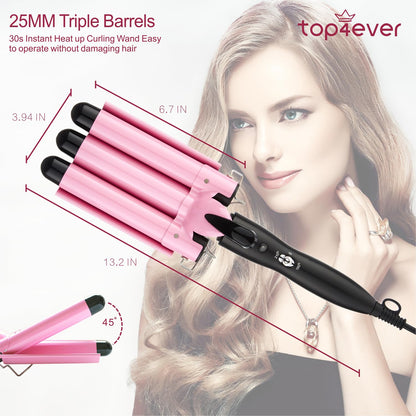 3 Barrel Curling iron Hair Waver, TOP4EVER 25mm Professional Ceramic Hair Curler with Two Temperature Control, Fast Heating 1inch Triple Barrel Crimper Wand for Waving Hair