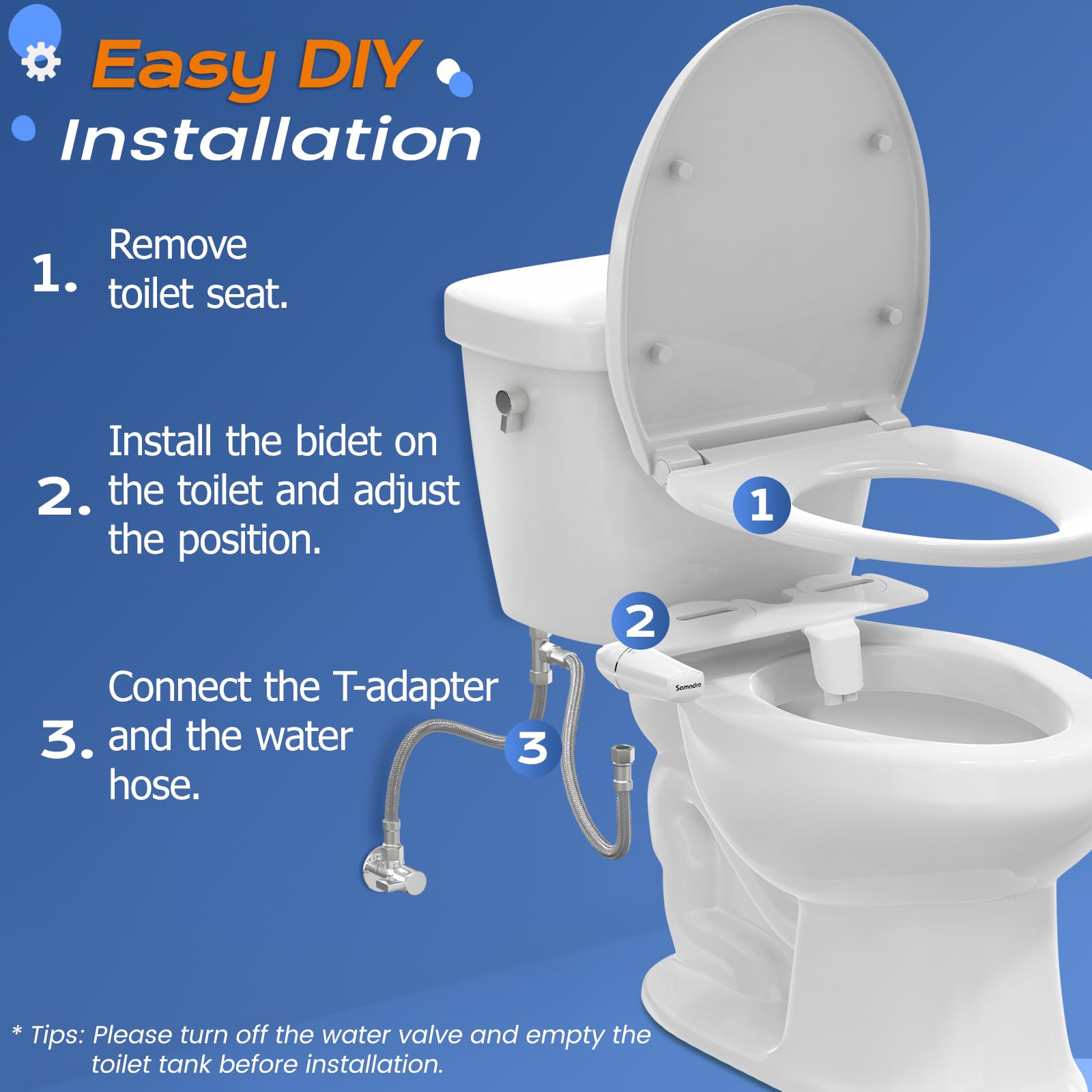 SAMODRA Ultra-Slim Bidet Attachment, Minimalist Non-Electric Dual Nozzle (Frontal & Rear Wash) Adjustable Water Pressure, Fresh Water Bidet Toilet Seat Attachment, Easy to Install