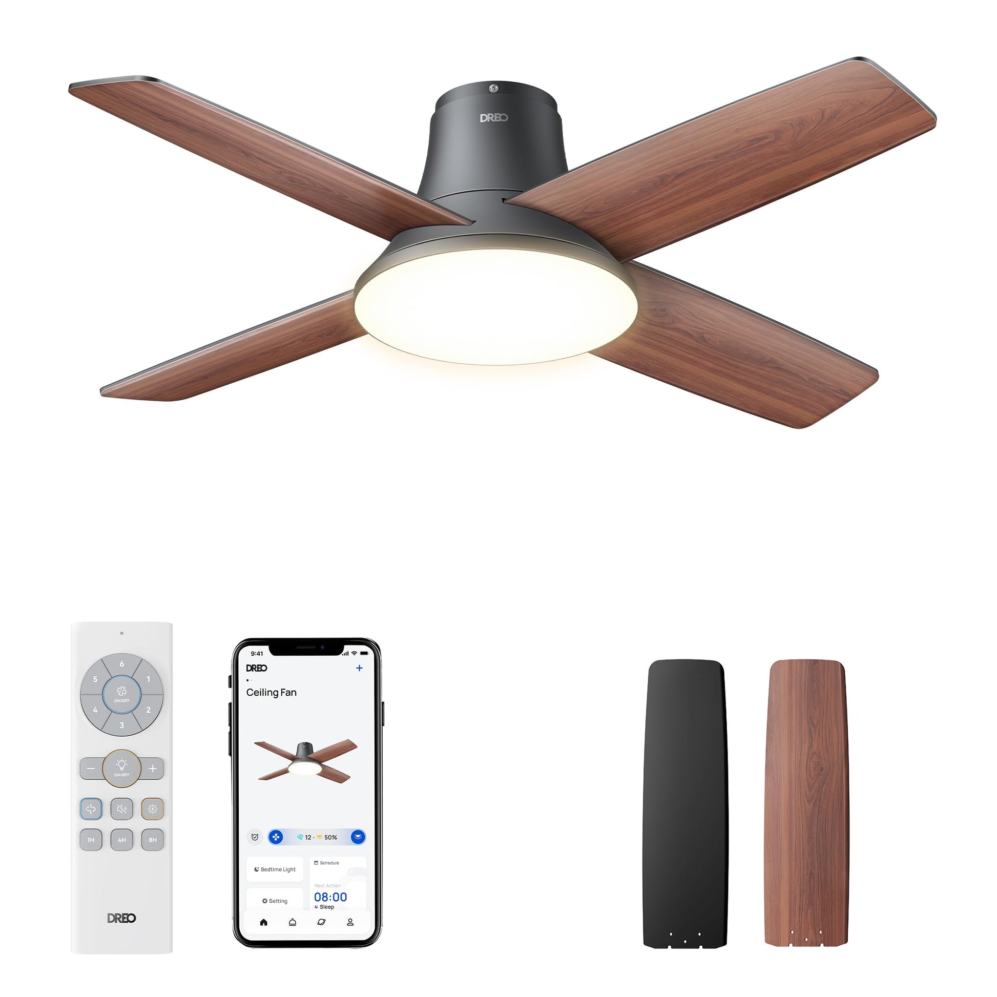 Dreo Ceiling Fans with Lights, 12 Speeds & 3 Fan Modes, Quiet DC Motor, Low Profile Easy to Install, Flush Mount Smart Ceiling Fan with Dimmable LED, 12H Timer for Bedroom, Remote, Black, 44'' DREO