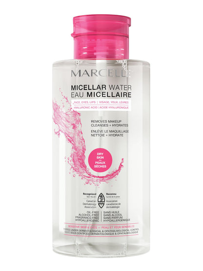 Marcelle Micellar Water, Dry + Sensitive Skin, with Hyaluronic Acid, Cleanses, Removes Makeup and Tones, Hypoallergenic, Oil-Free, Alcohol-Free, Fragrance-Free, Cruelty-Free, 400 mL MARCELLE
