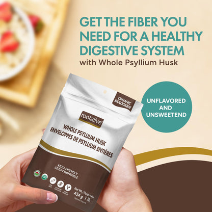 Rootalive Organic Whole Psyllium Husk 454g, Unflavored, Soluble & Insoluble Fibre, Vegan, Gluten-Free