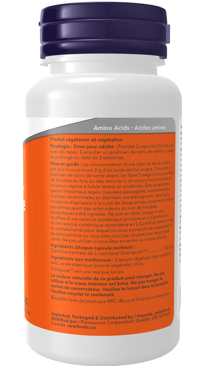 NOW Supplements, L-Carnitine 500mg, Purest Form, Amino Acid, Fitness Support, 60 Veg Capsules - Available at All In One Marketplace Canada