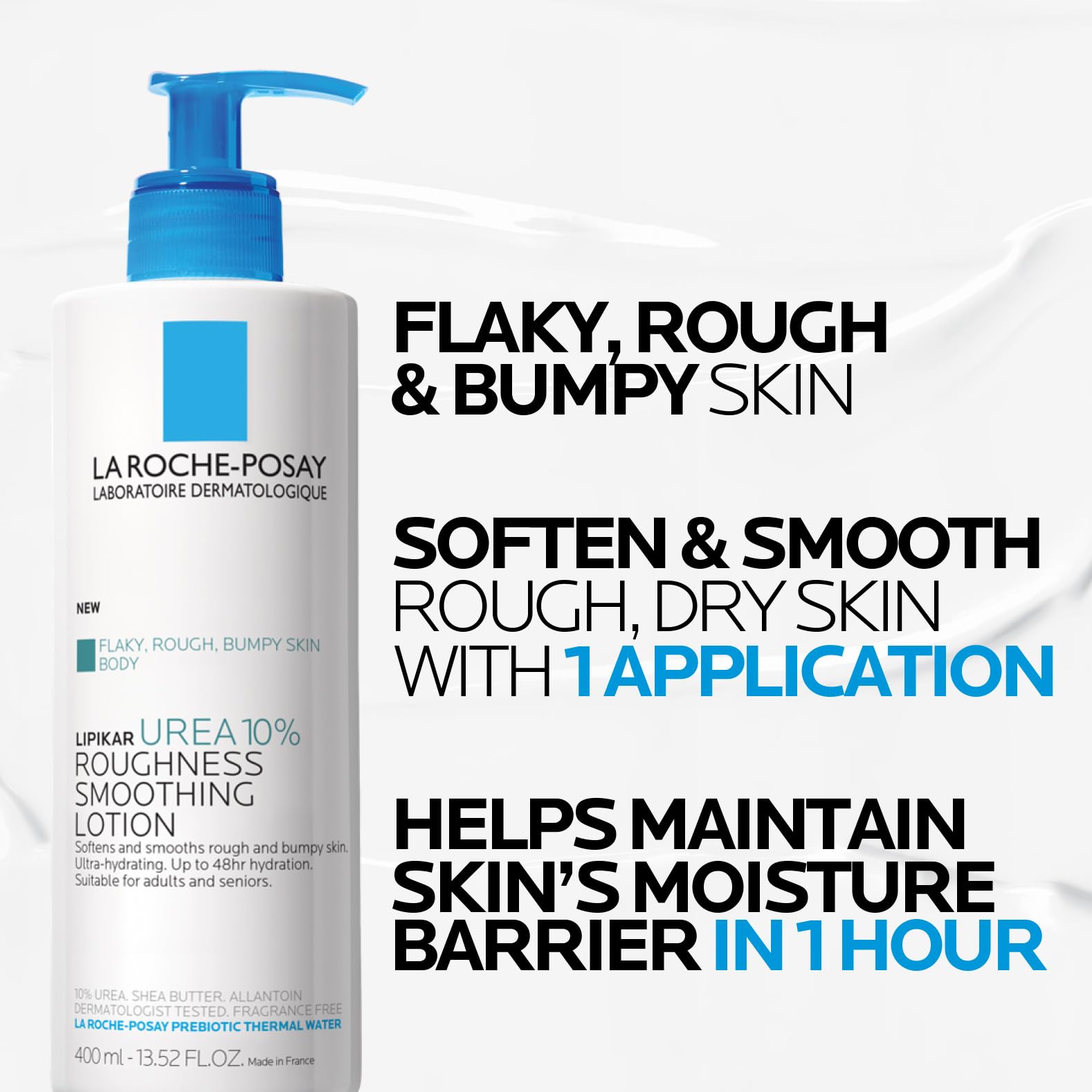 La Roche-Posay Lipikar Lait Urea 10% Body Lotion. For Very Dry, Rouch, and Flaky Skin. Tested on Dry Skin, Age-Related Dryness, Keratosis Pillaris, and Psoriasis. Fragrance-Free, Dermatologist Recommended - 400ML - Available at All In One Marketplace Canada