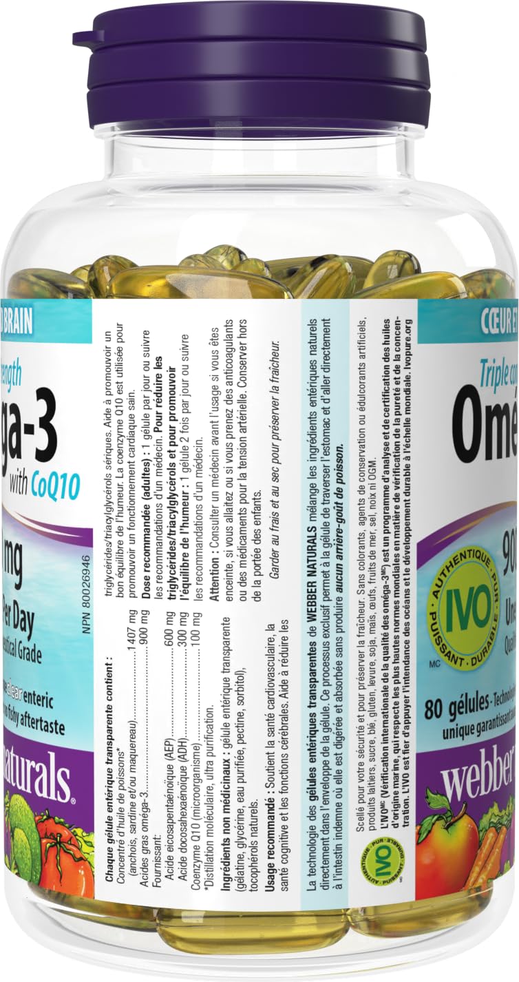 Webber Naturals Omega-3 with CoQ10, 80 Clear Enteric No Fishy Aftertaste Softgels, Supports Cardiovascular Health and Brain Function - Available at All In One Marketplace Canada