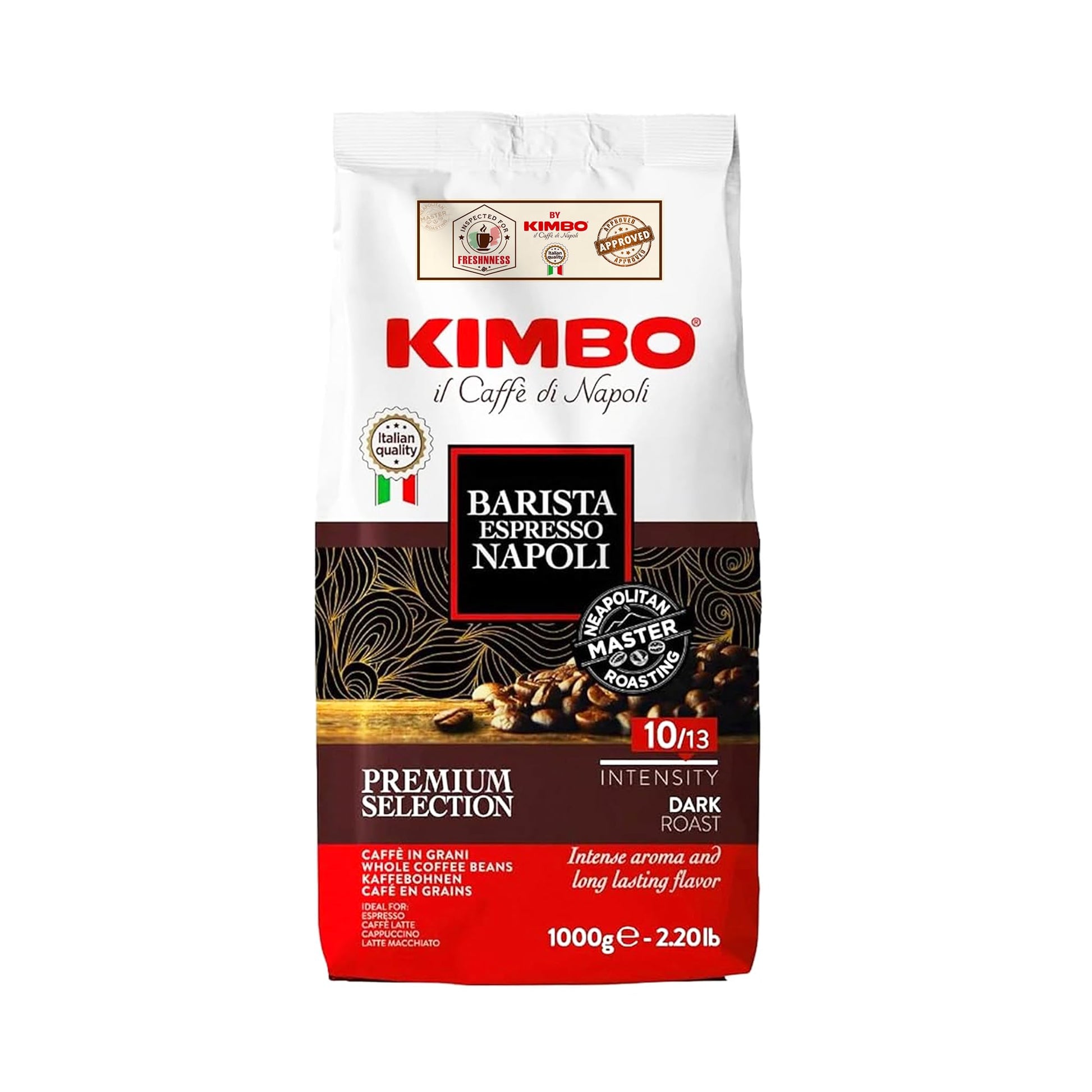 Kimbo Espresso Napoli Whole Bean Coffee | Dark Roast Intensity 10/13 | Floral & Sweet Notes | 1kg