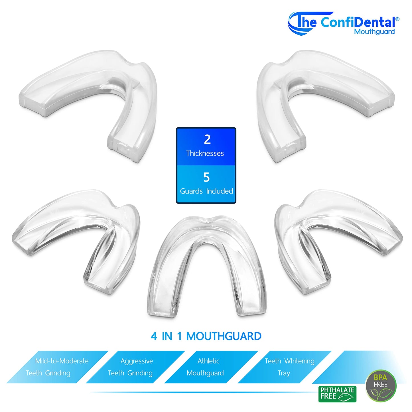 The ConfiDental - Moldable Mouth Guard for Teeth Grinding Clenching Bruxism Sport Athletic Whitening Tray Pack of 5 Including 3 Regular and 2 Heavy Duty Guard (3 (Ill) Regular 2 (ll) Heavy Duty)