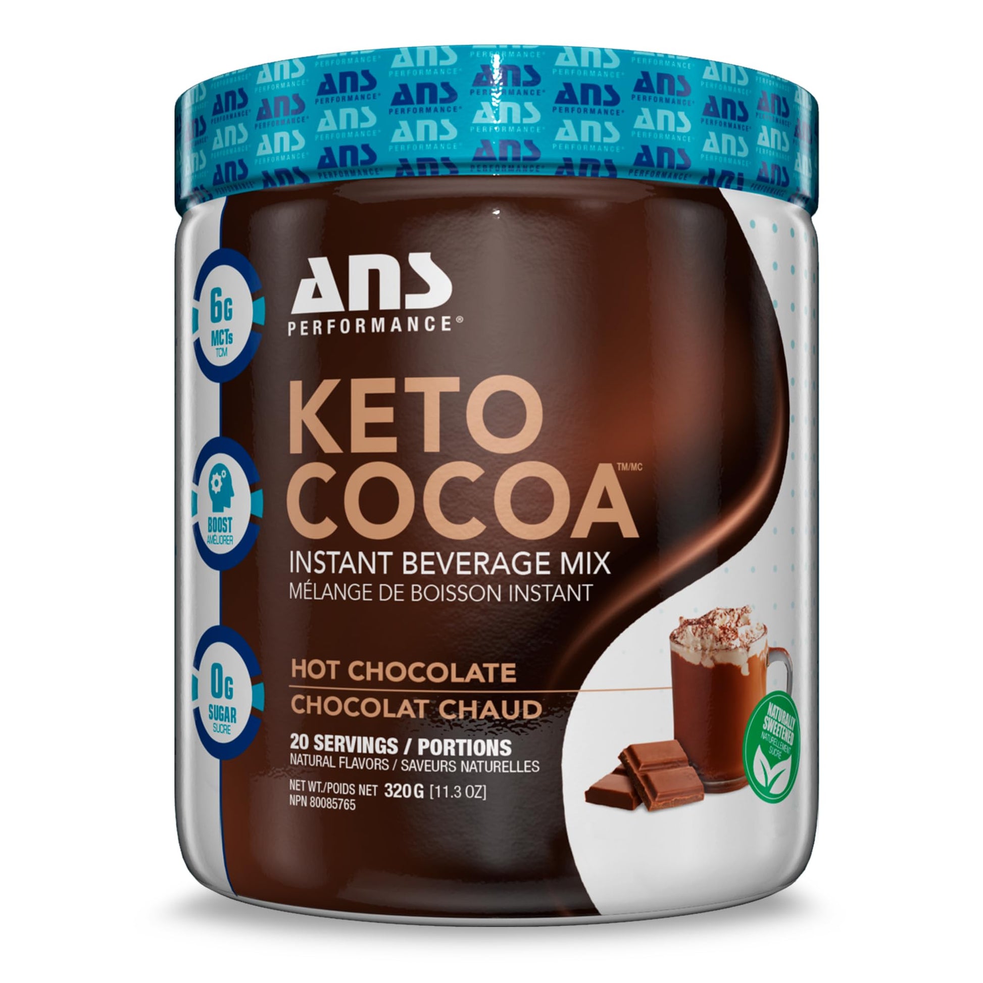 ANS Performance Keto Cocoa - Natural Sweetener Instant Hot Chocolate Mix - Low Carb, No Added Sugar - Gluten Free Keto Cocoa Powder - MCT Oil Blend - 20 Servings, 11.3 oz
